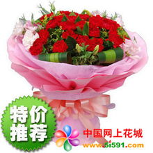 柳城网上花店 商品内容 33朵康乃馨 配花 绿材 精美粉色皱纹纸包装